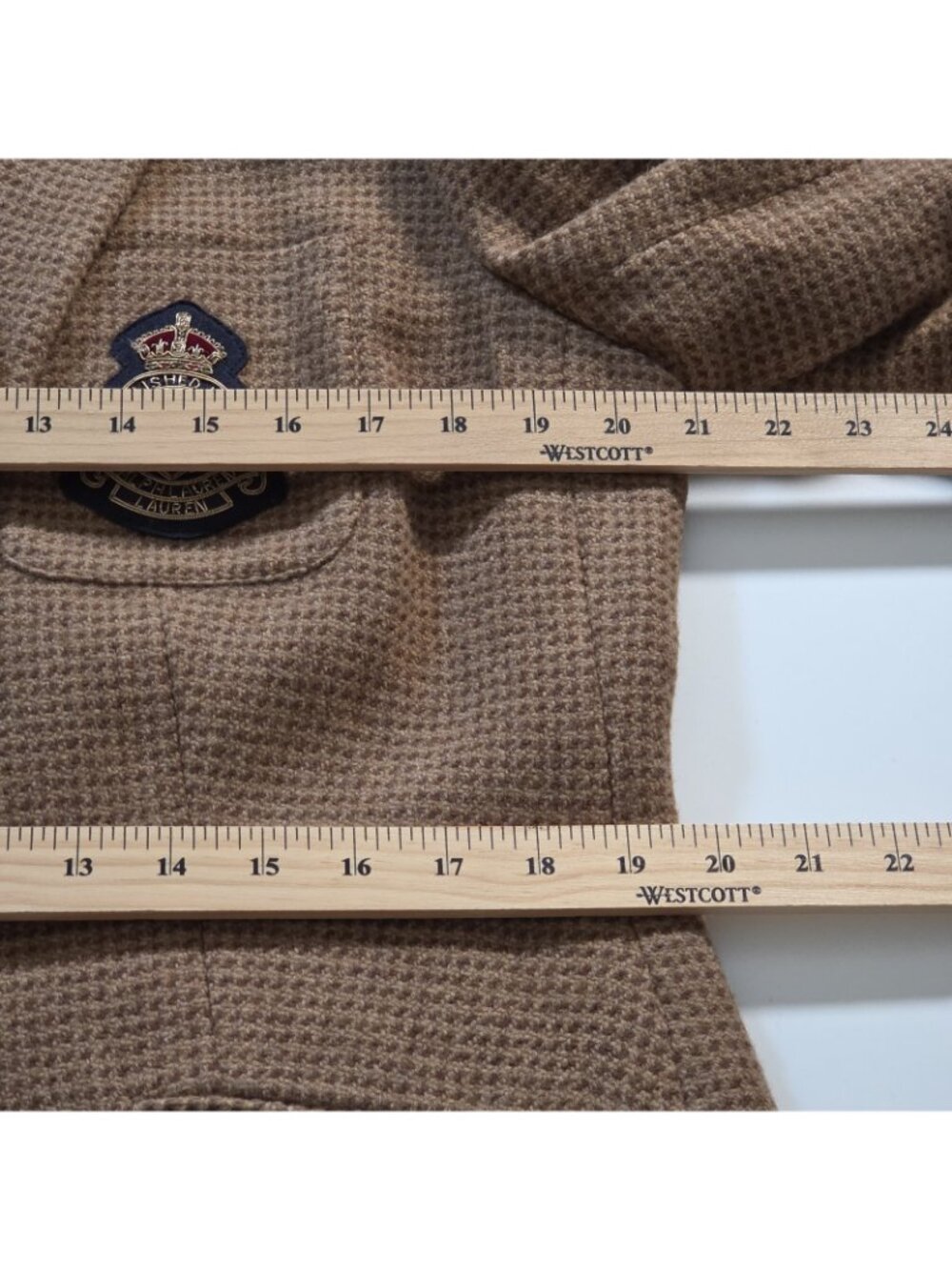 Lauren Ralph Lauren Tweed Crested Blazer Women US 16 Tan Houndstooth Wool Preppy - Picture 7 of 16